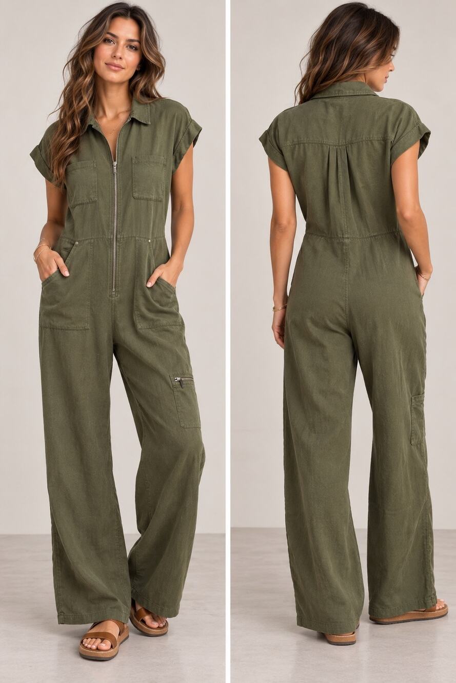 Nicole Miller New York Olive Green Linen Utility Jumpsuit Size 6 Wide Leg Cargo